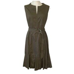 Calvin Klein Olive Green Sleeveless Dress Tie Waist Flounce Hem Size 14